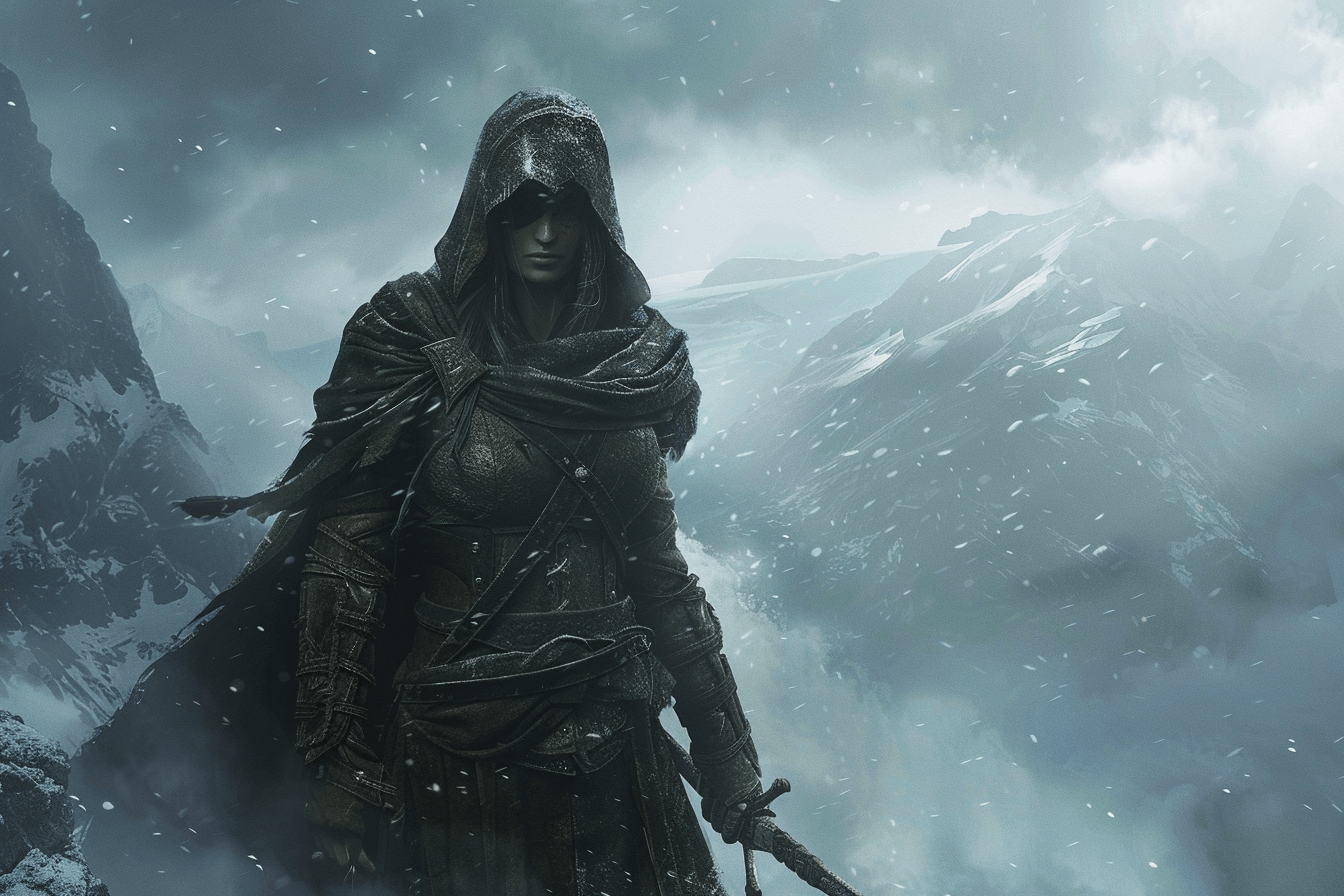 A fantasy rogue in skyrim ontop a winter mountain